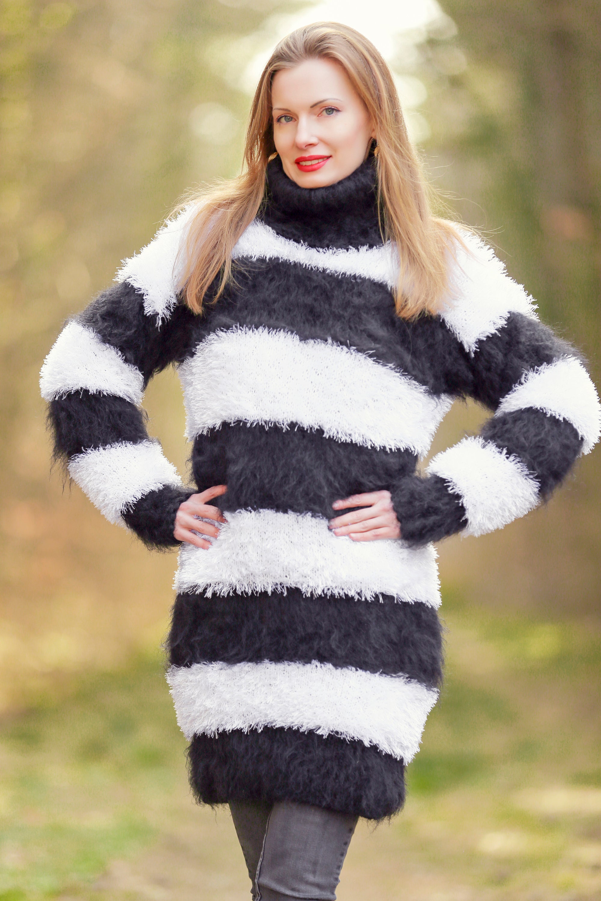 Fuzzy Mohair Decofur Sweater Black White Stripes Jumper by | Etsy