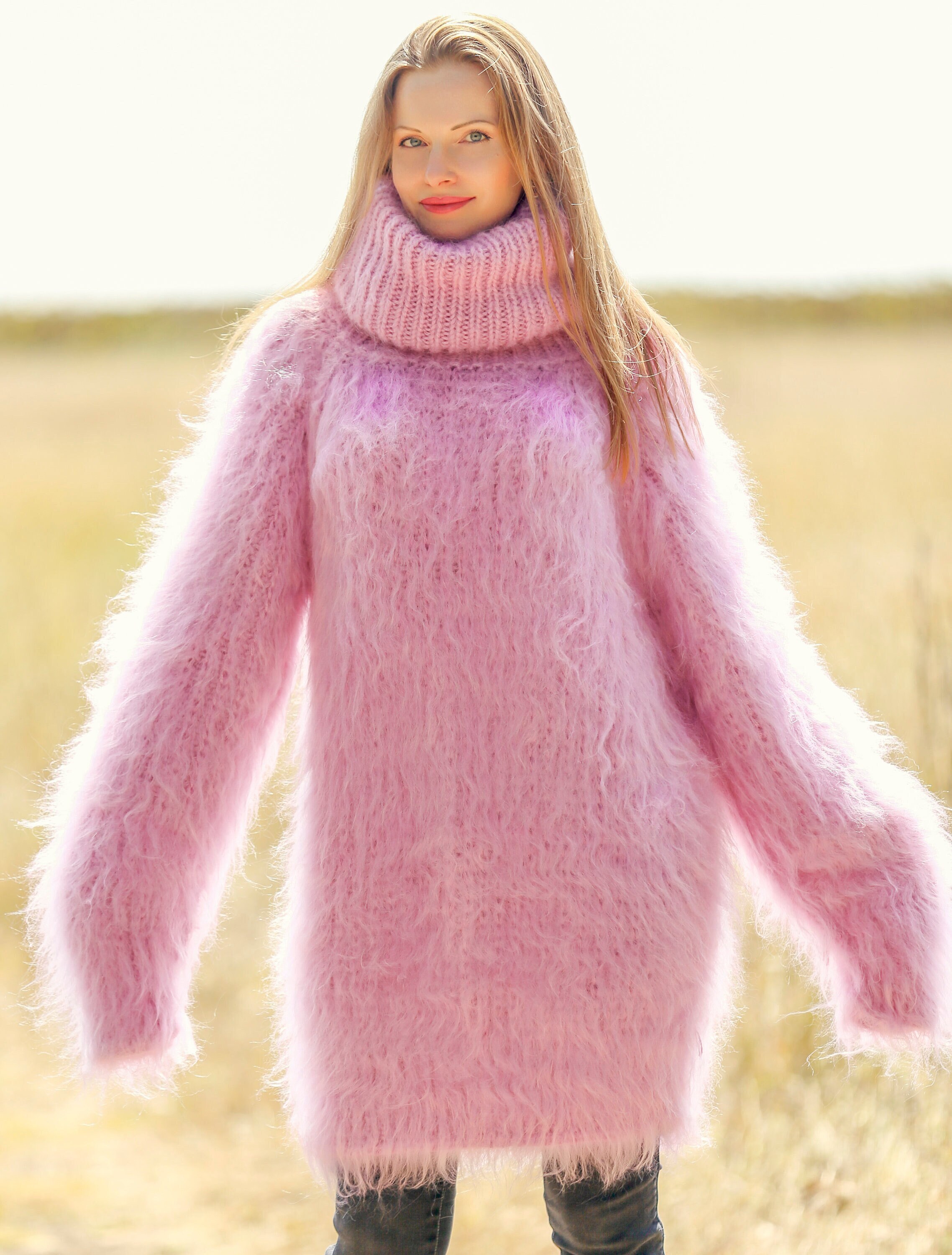 Handmade Pink Mohair Sweater With Extra Long Turtleneck