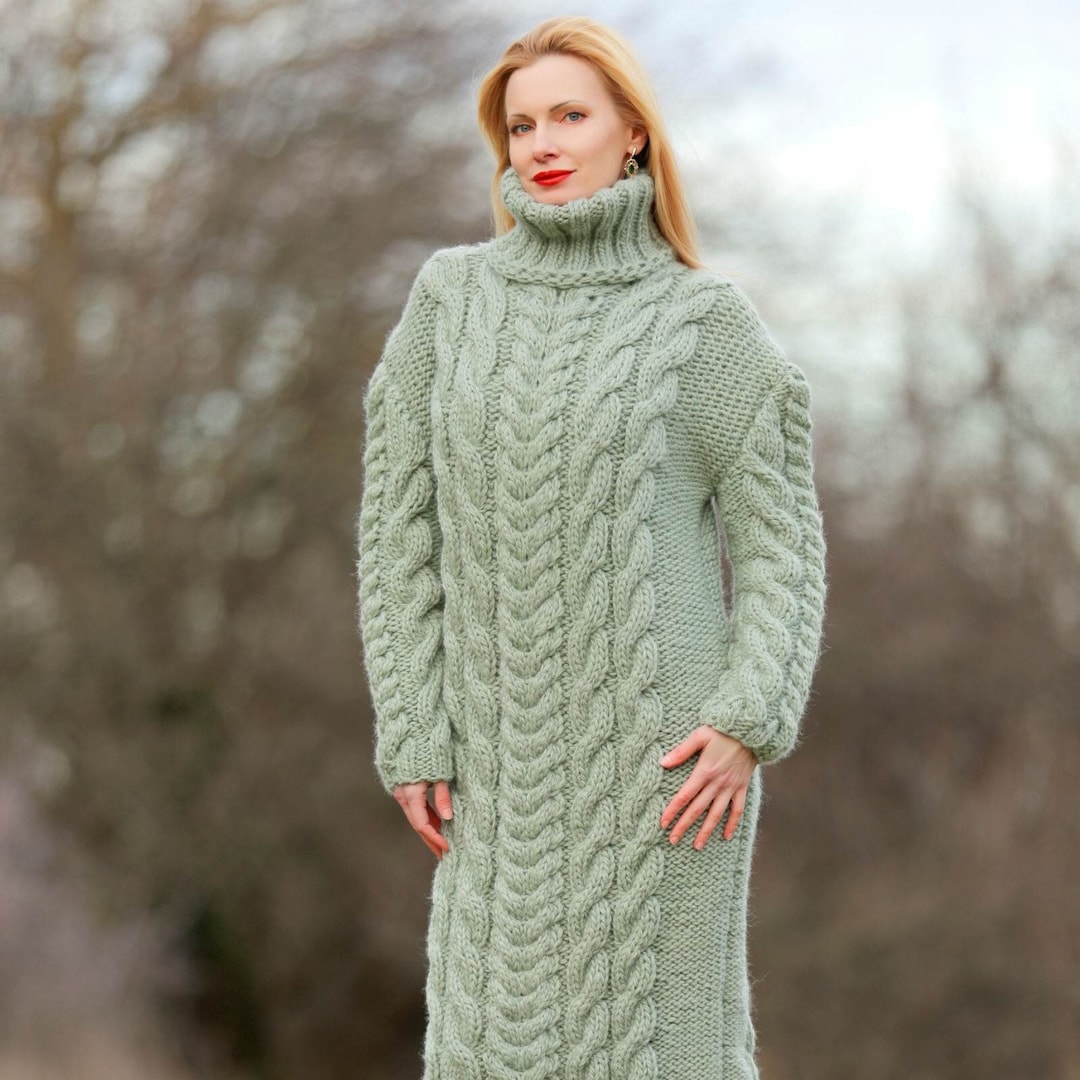 SUPERTANYA Green Wool Dress Long Cable Knit Designer Dress