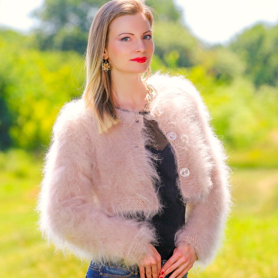 Cropped Fuzzy Mohair Sweater Bolero Beige Fluffy Sexy Cardigan by