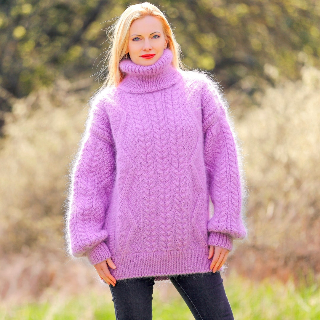 Supertanya Purple Mohair Sweater Unique Cable Knit Warm Ski
