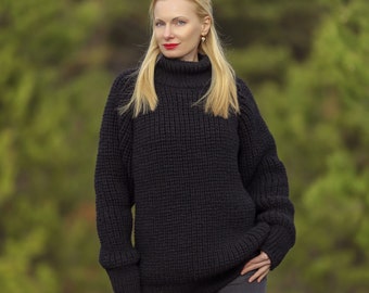 Black wool sweater handmade SuperTanya ribbed pullover - READY to SHIP, size L-XL