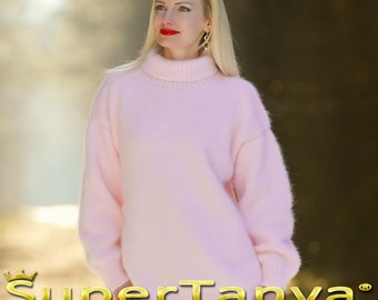 Elegant exclusive angora sweater 100% hand knitted pink genuine rabbit angora sweater designed by SuperTanya