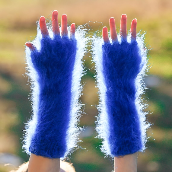 Hand Knit Mohair Gloves Fluffy Hand Warmers by Supertanya, Made to