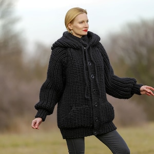 SuperTanya black wool cardigan mega thick sweater chunky ribbed pattern hoodie coat Ready to Ship size XL 3.7 KG image 4