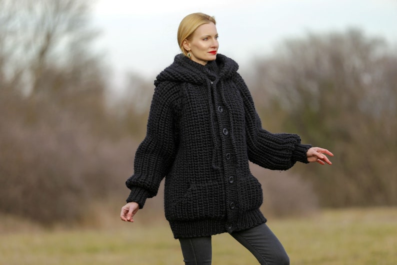 SuperTanya black wool cardigan mega thick sweater chunky ribbed pattern hoodie coat Ready to Ship size XL 3.7 KG image 4