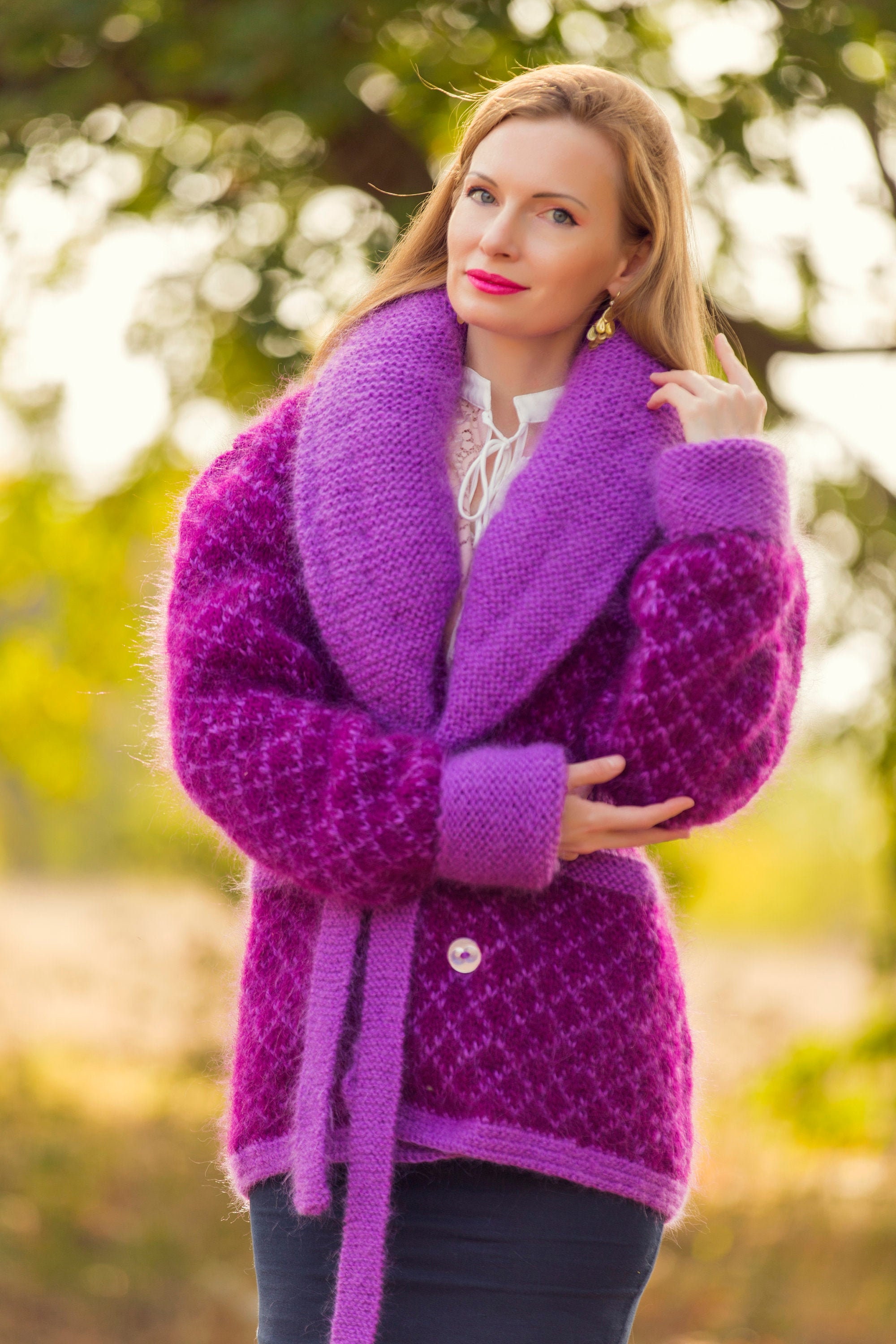 Unique Purple Mohair Cardigan Elegant Shawl Collar Sweater Hand