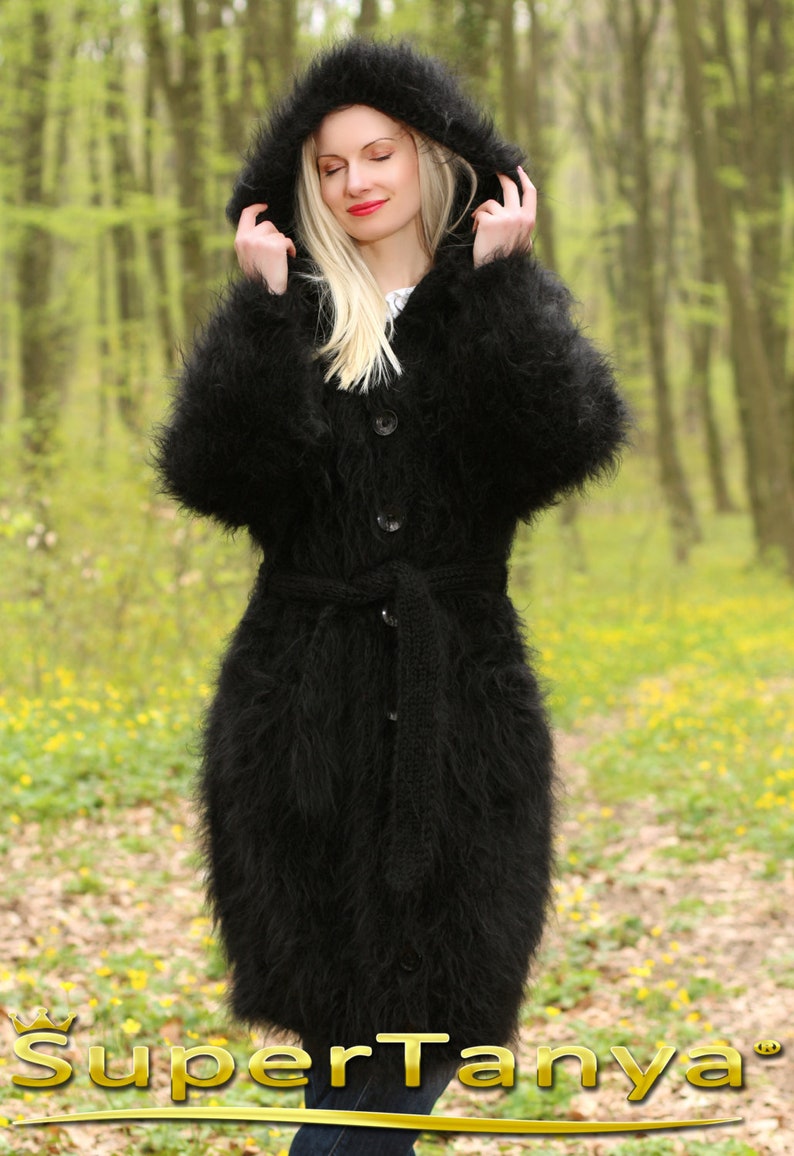 Handmade black mohair cardigan fuzzy hand knitted sweater coat, SuperTanya handmade knitwear, made to order