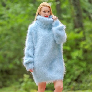 Blue green fuzzy thick mohair sweater dress hand knitted pullover SuperTanya, ready to ship,  size XL XXL
