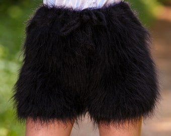 Fuzzy black mohair shorts fluffy short pants by SuperTanya - ready to ship, one size