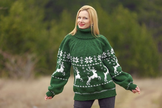 Icelandic Green Sweater Nordic Jumper Pullover With Deer by