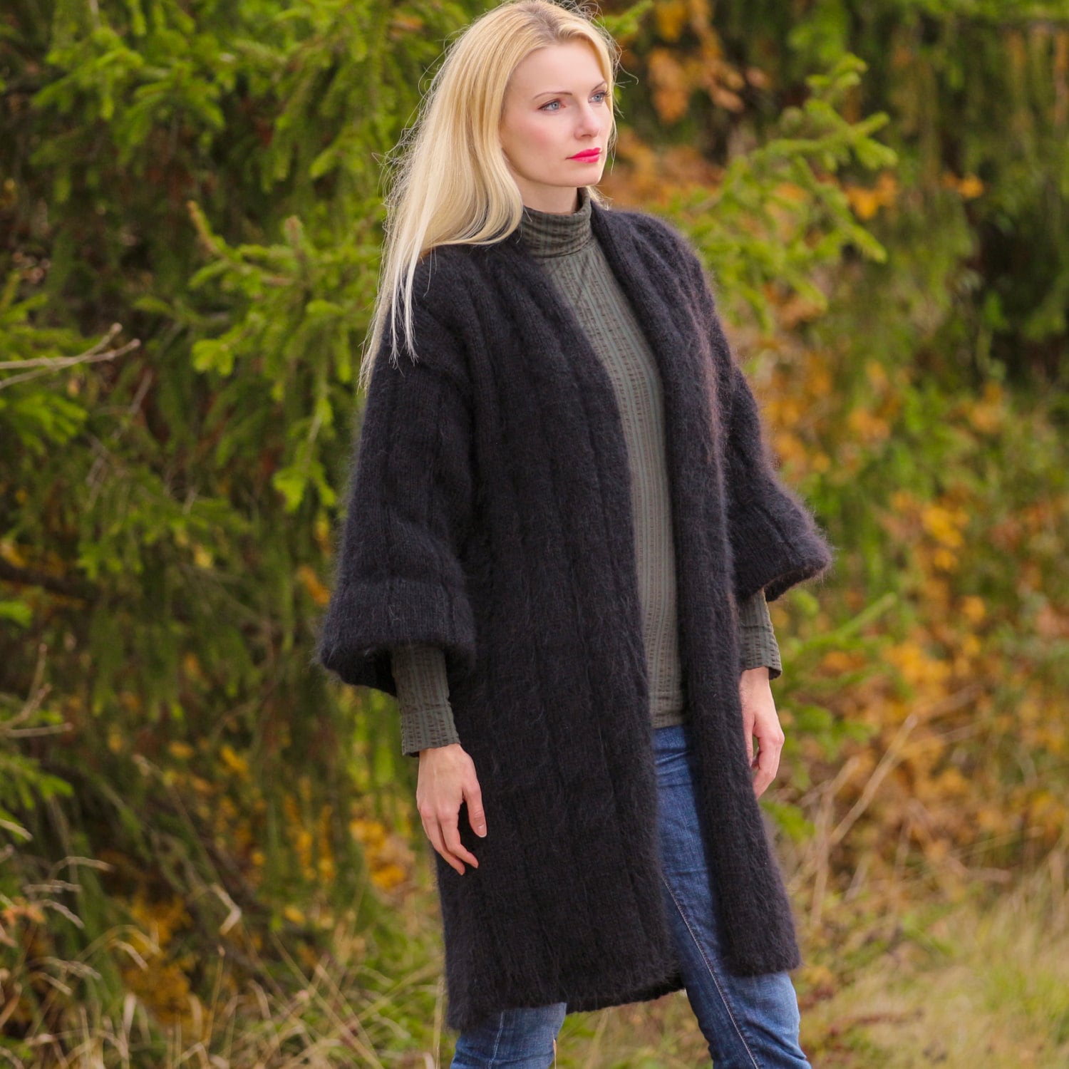 retro hand knit mohair coat in black with satin Etsy