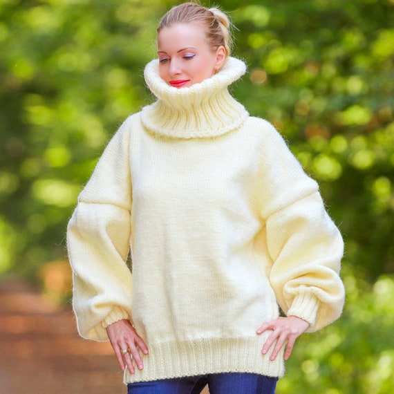 Wool Sweater With Long Turtleneck Hand Knitted Jumper Thick