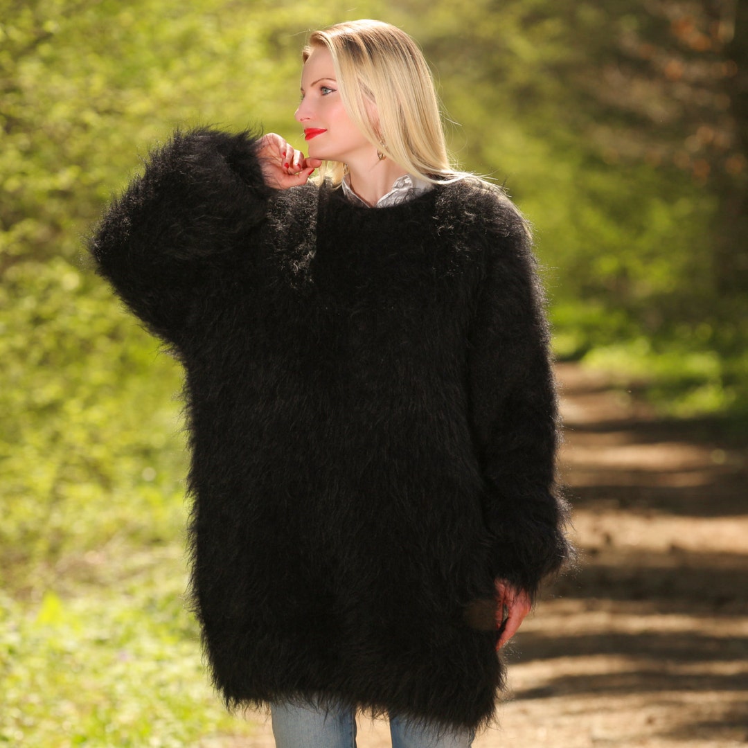 Black Fuzzy Hand Knitted Mohair Sweater Crewneck Black Pullover By