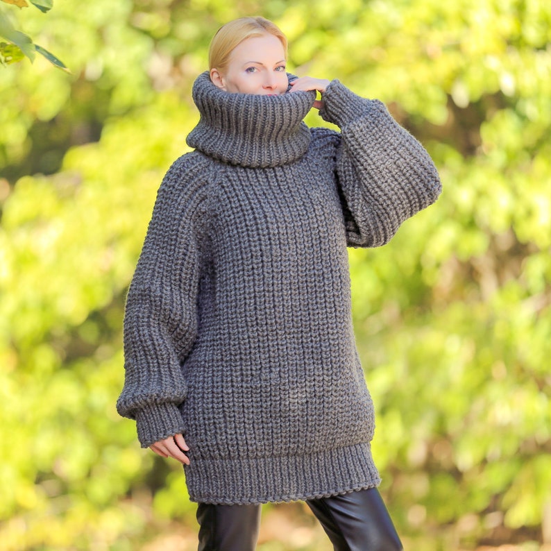 SuperTanya gray ribbed wool sweater with extra long turtleneck ready to ship L-XL size image 4