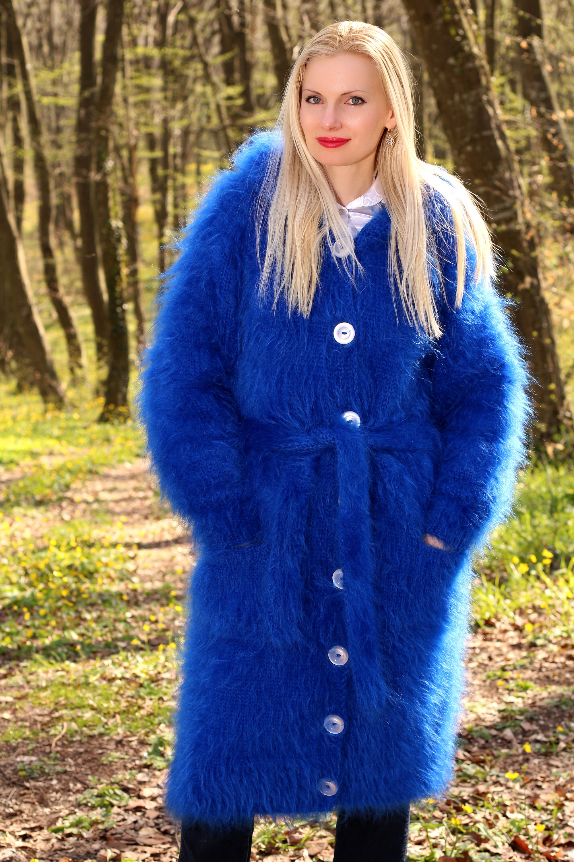 Long Fuzzy Mohair Cardigan Hand Knitted Sweater Coat With Hood by
