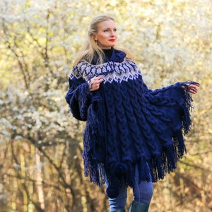 Blue ski wool poncho sweater cable knit Nordic sweater SuperTanya READY TO SHIP image 2