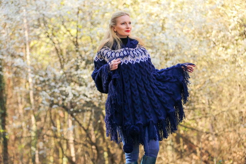 Blue ski wool poncho sweater cable knit Nordic sweater SuperTanya READY TO SHIP image 2