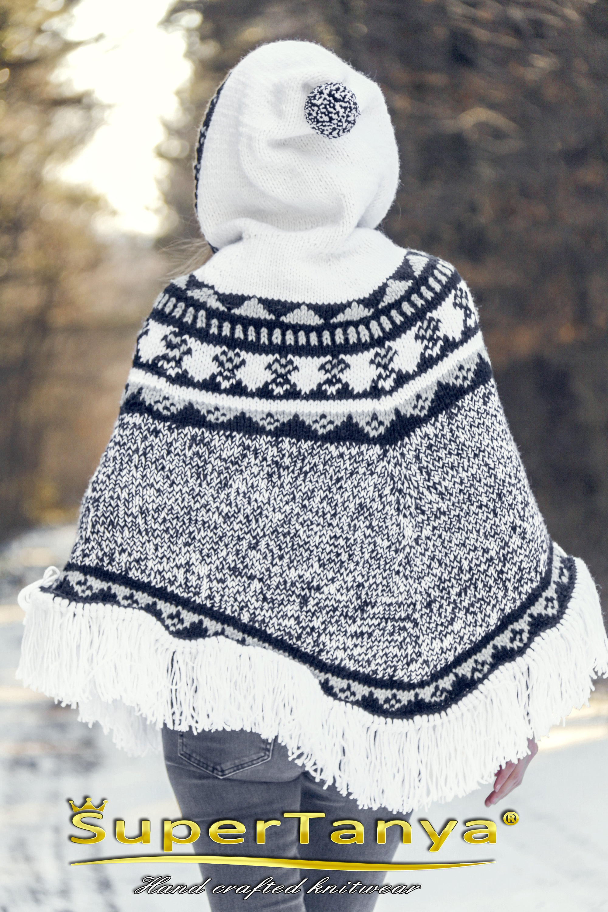 Wool Nordic Poncho Multicolor Hoodie Sweater in Black, Grey and