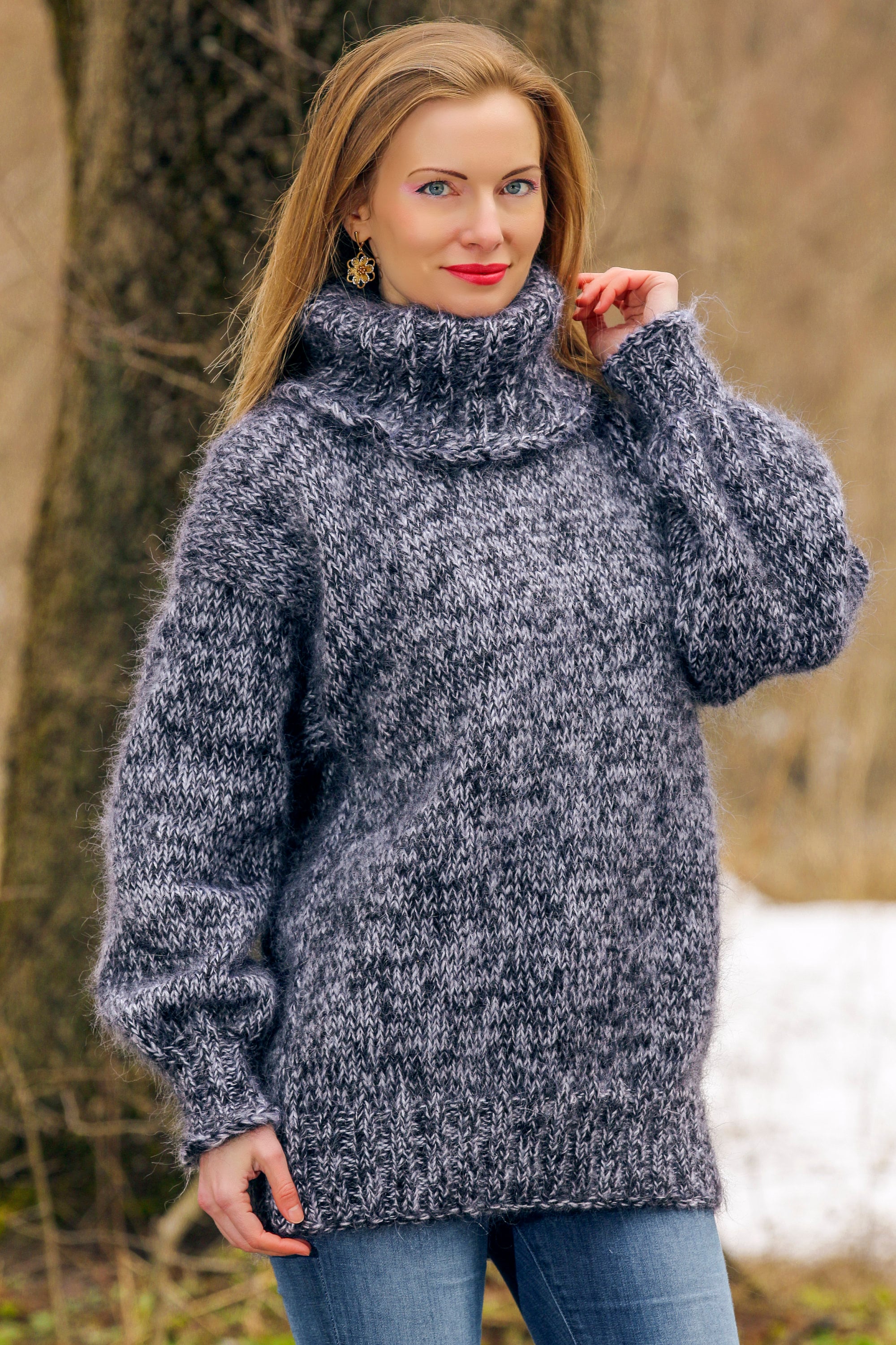 Thick Fuzzy Mohair Sweater Hand Knitted Pullover Turtleneck Jumper