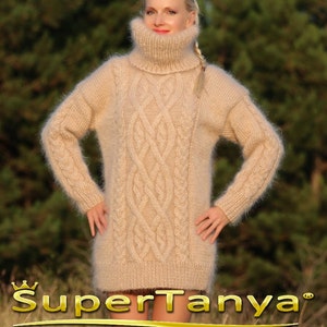 Cable knit turtleneck sweater beige mohair jumper by SuperTanya