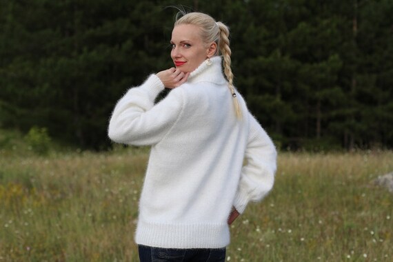 Rabbit Angora Sweater off White Fuzzy Jumper Hand Knitted