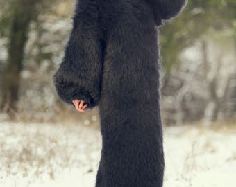 Fuzzy Black Sweater Dress Long Hand Knitted Turtleneck Thick