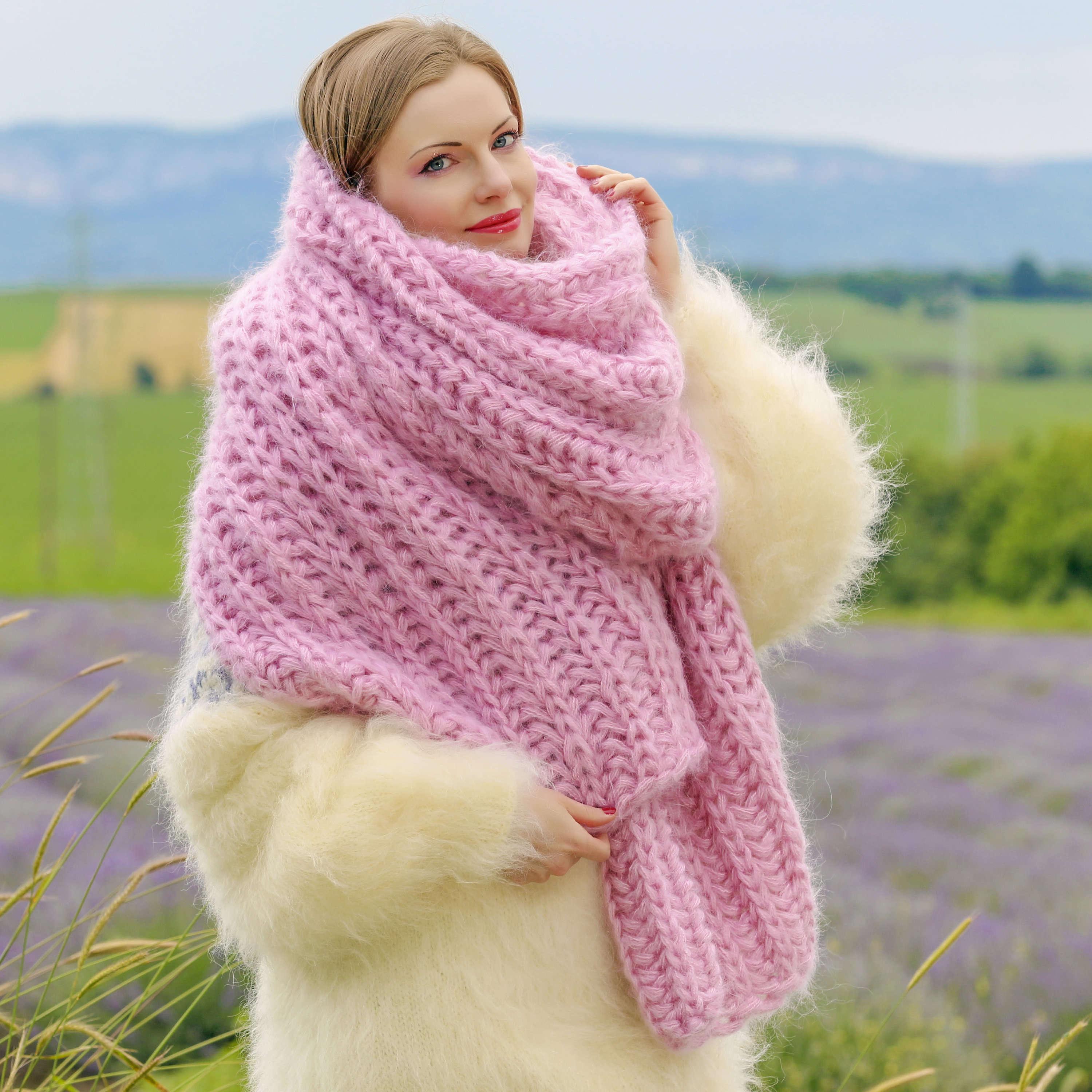 Pink Extra Long Fuzzy Mohair Scarf Handmade Fuzzy Shawl READY TO