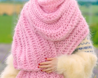 Pink Extra Long Fuzzy Mohair Scarf Handmade Fuzzy Shawl READY TO