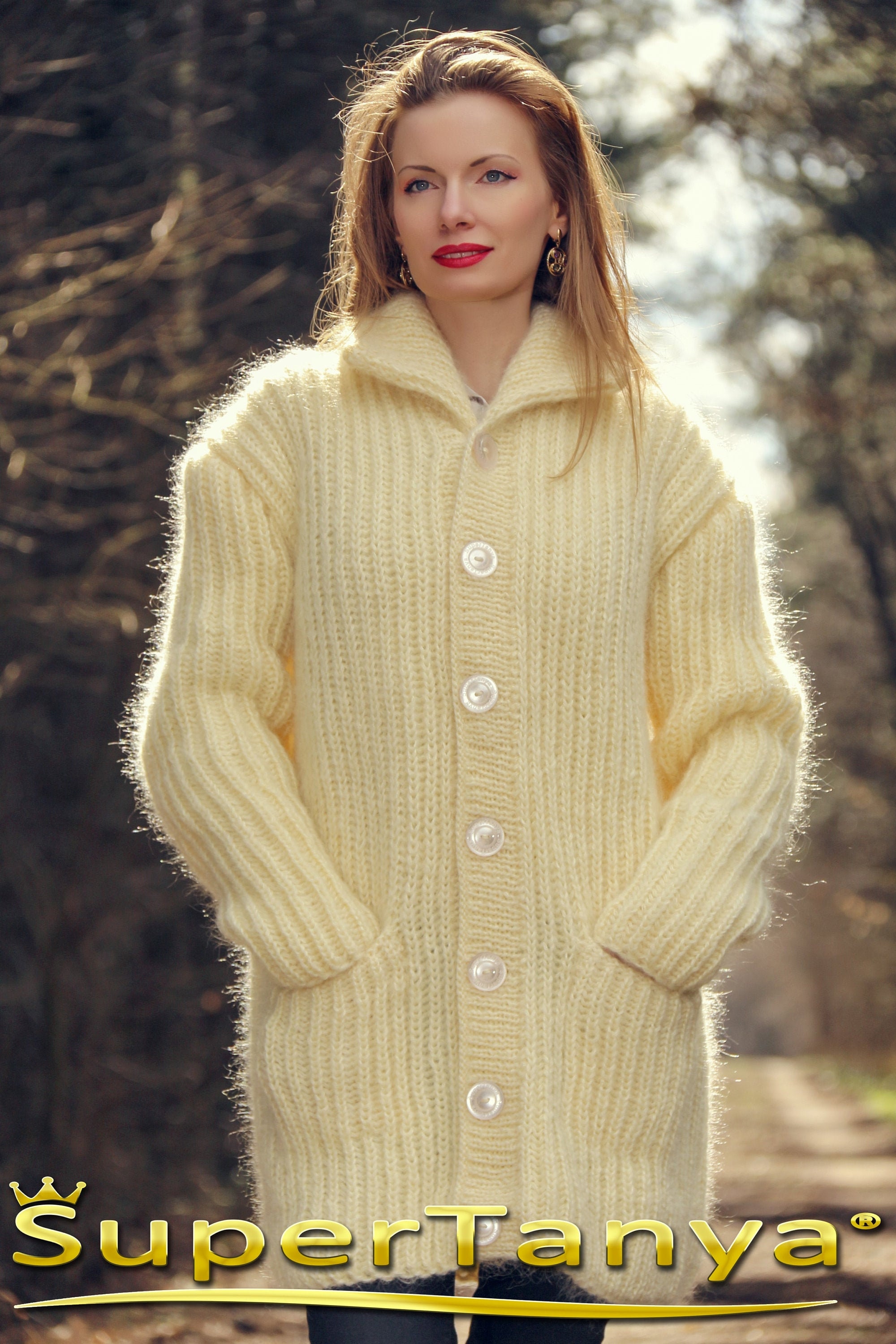 Fuzzy Ivory Cardigan With Pockets Hand Knitted Sweater Coat Made 