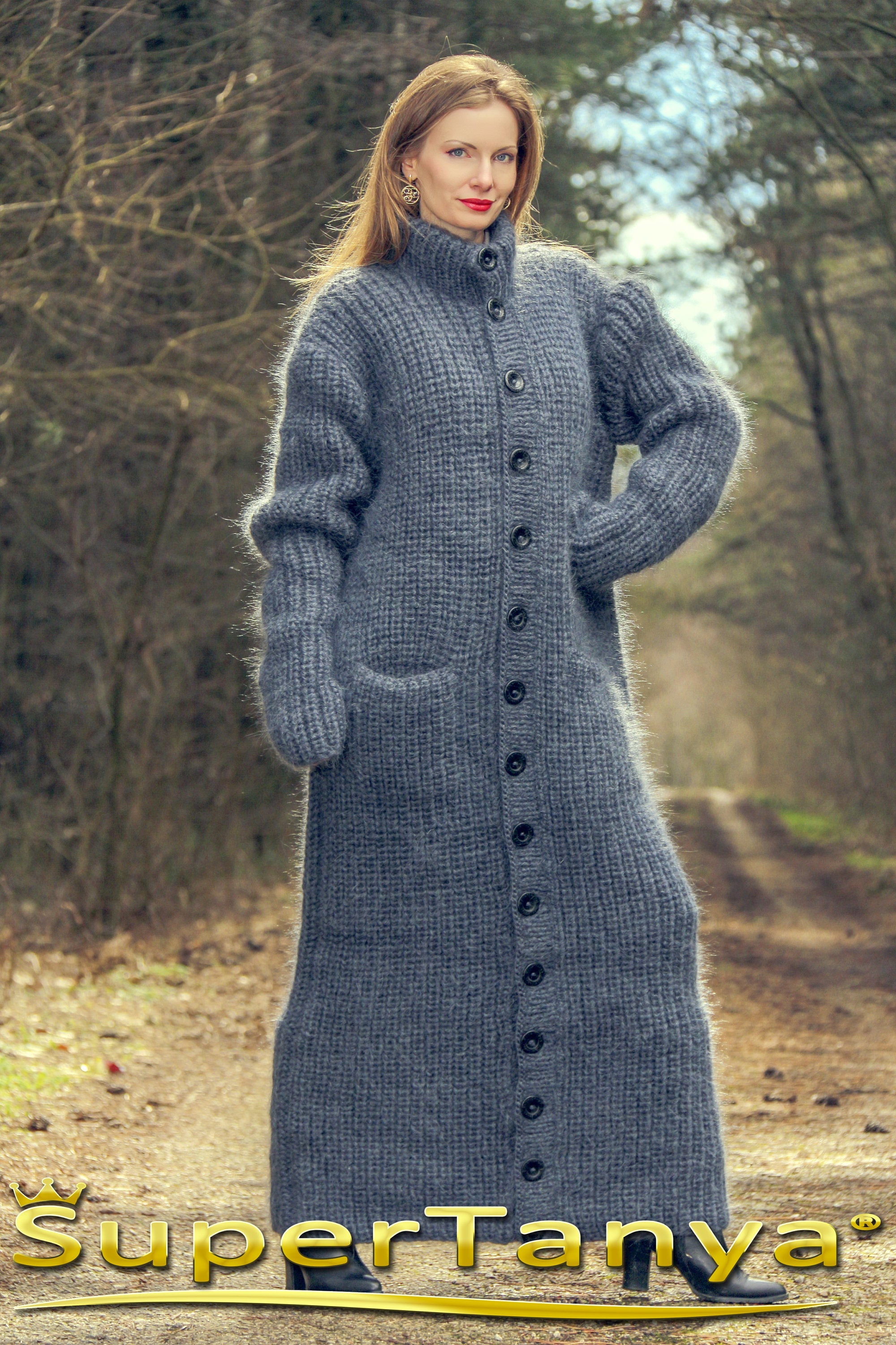 cantateカンタータ Long Hair Mohair Cardigan Long Gray Mohair Cardigan With Ribbed Elastic Pattern Thick