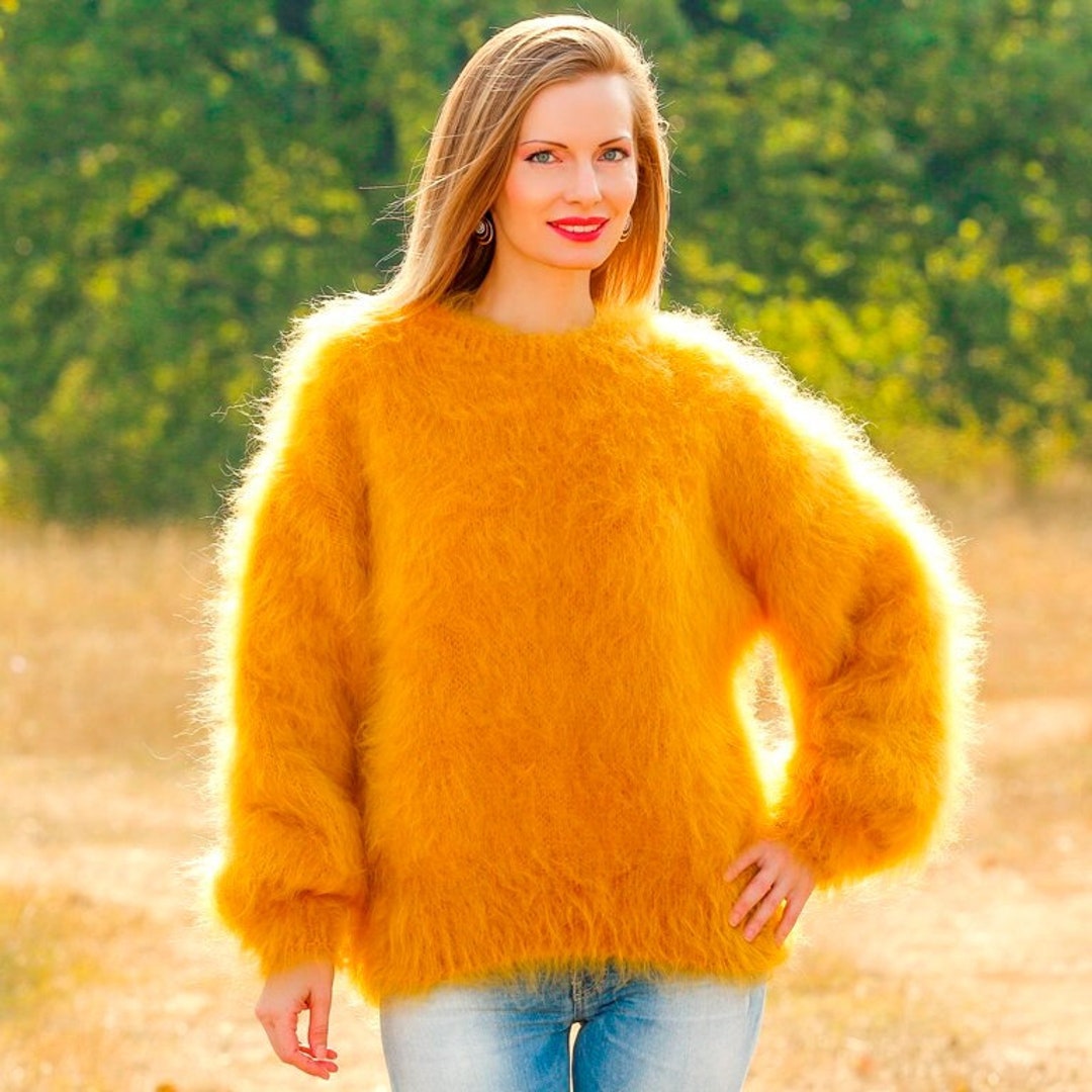 Supertanya Yellow Mohair Sweater Crewneck Fuzzy Pullover, Ready to Ship ...