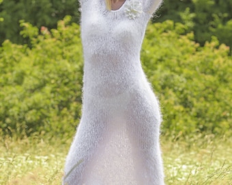 Beautiful light fuzzy dress hand knitted mohair dress in white, tightly fitted robe by SuperTanya