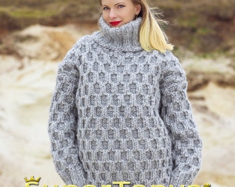 Thick wool pullover heavy sweater hand knitted grey wool sweater turtleneck pullover by SuperTanya