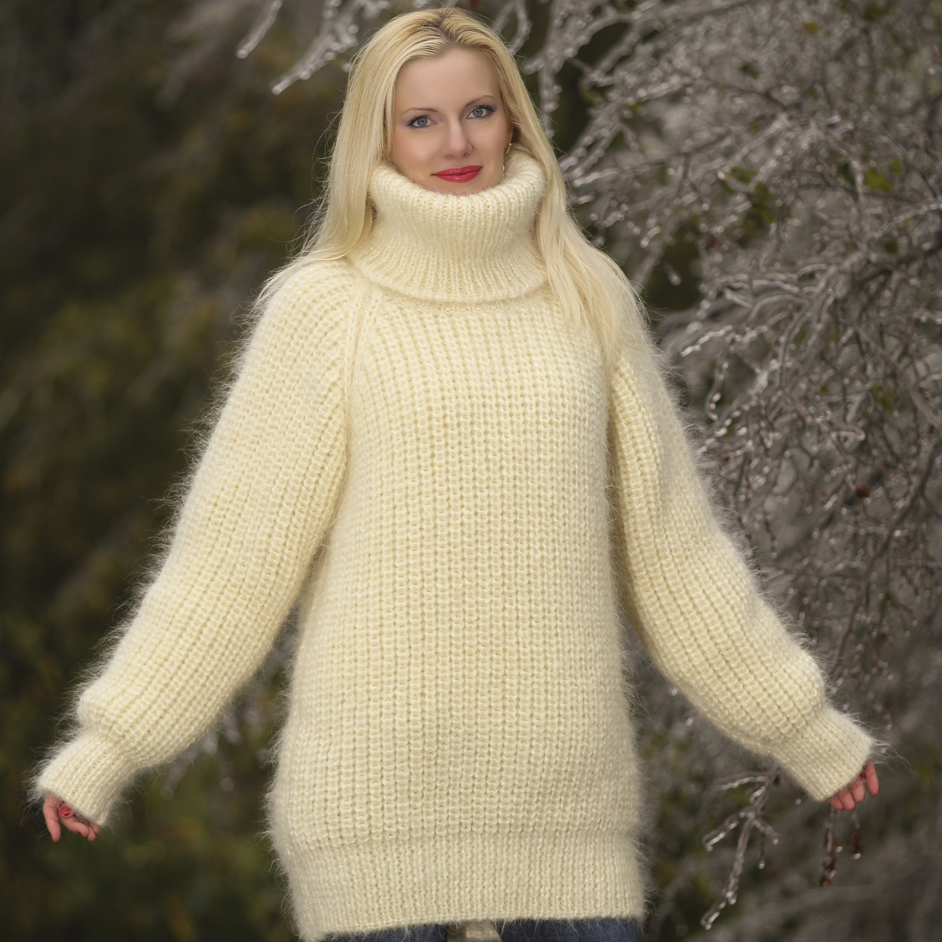 SuperTanyaによるリブ編みモヘアセーター手編みファジーモヘアプル