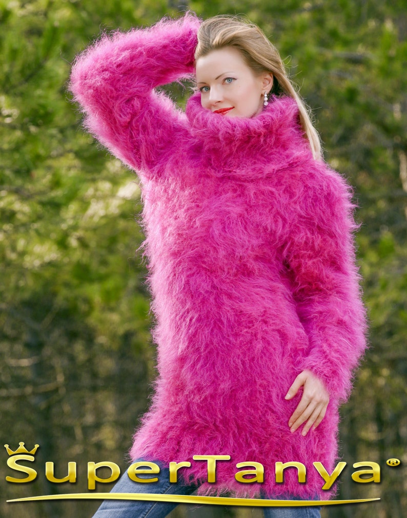 Custom made beautiful thick and fuzzy hand knitted pink purple melange mohair sweater dress by SuperTanya