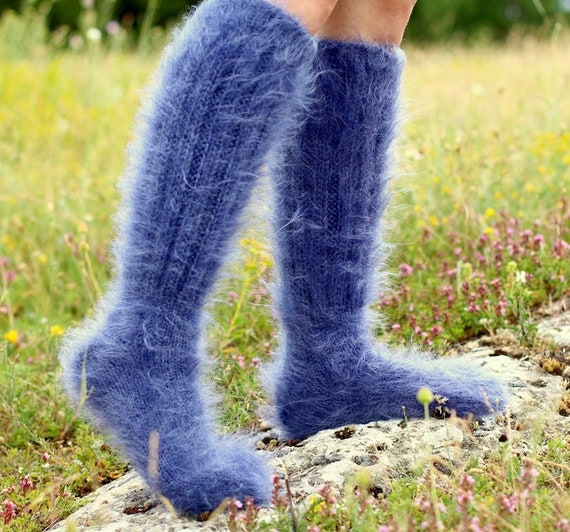 Fuzzy Long Mohair Socks Thick Leg Warmers Hand Knitted Socks by