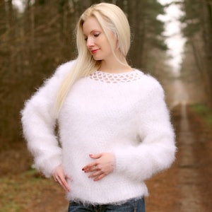 Fuzzy white mohair sweater with crochet neckline by SuperTanya made to order