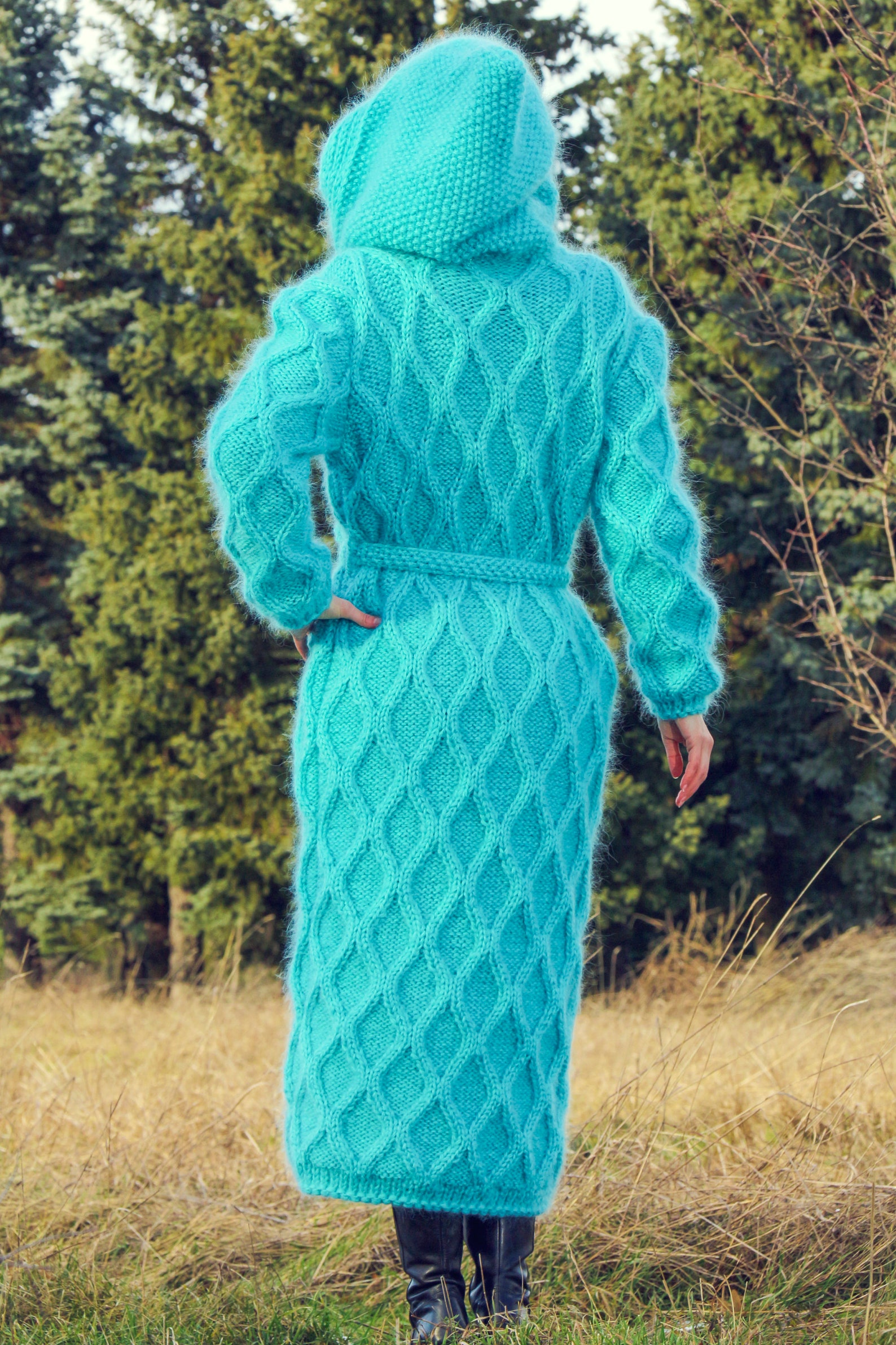 Long Cable Knit Cardigan With Hood Hand Knitted Sweater Coat Etsy
