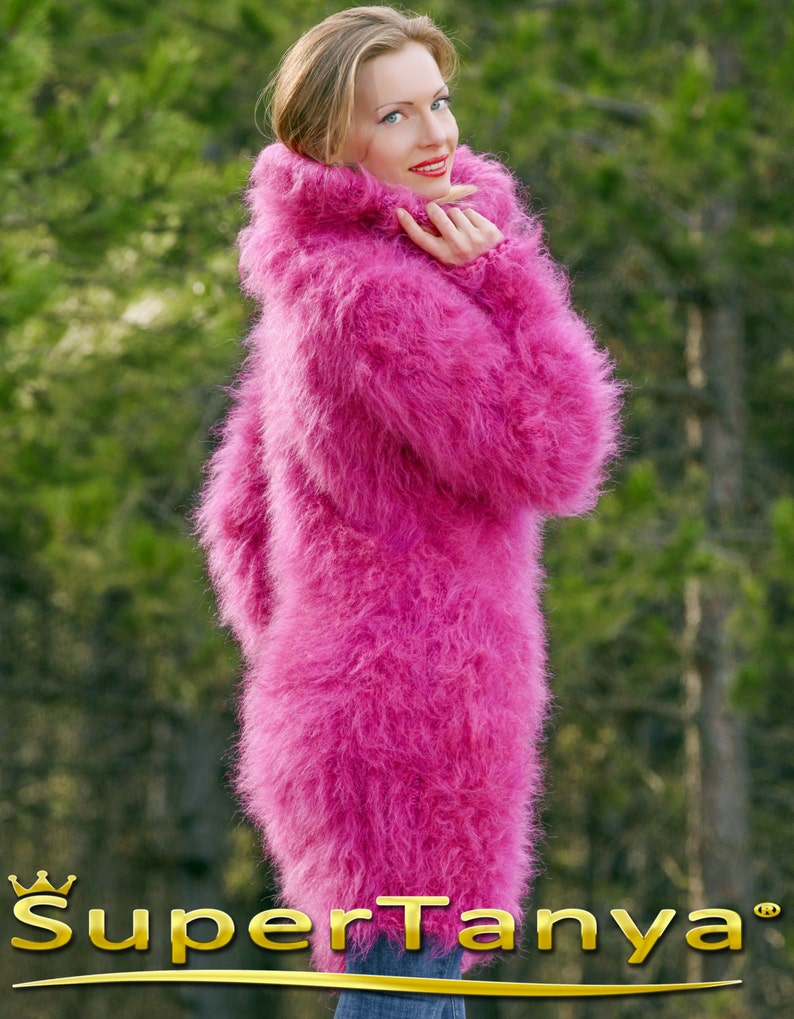 Custom made beautiful thick and fuzzy hand knitted pink purple melange mohair sweater dress by SuperTanya