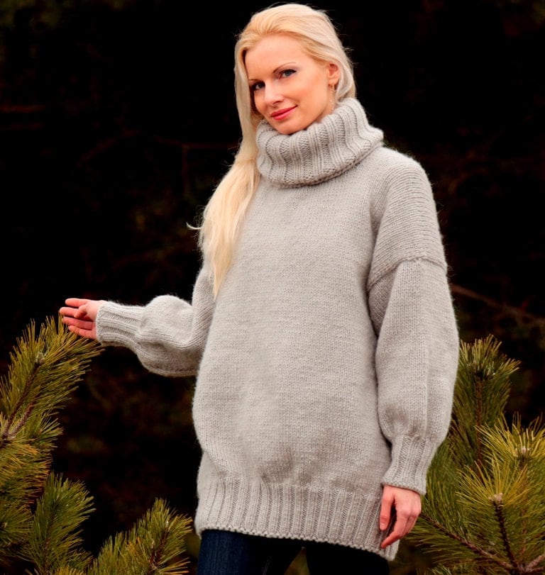 Wool Sweater With Long Turtleneck Hand Knitted Jumper Thick
