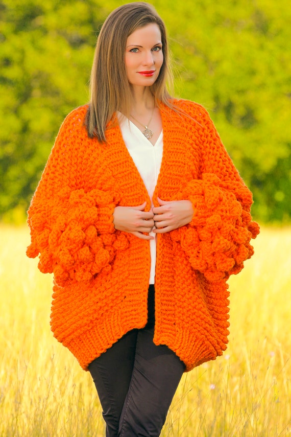 Orange Sweater Cardigan Hand Knitted Chunky Jacket Supertanya 