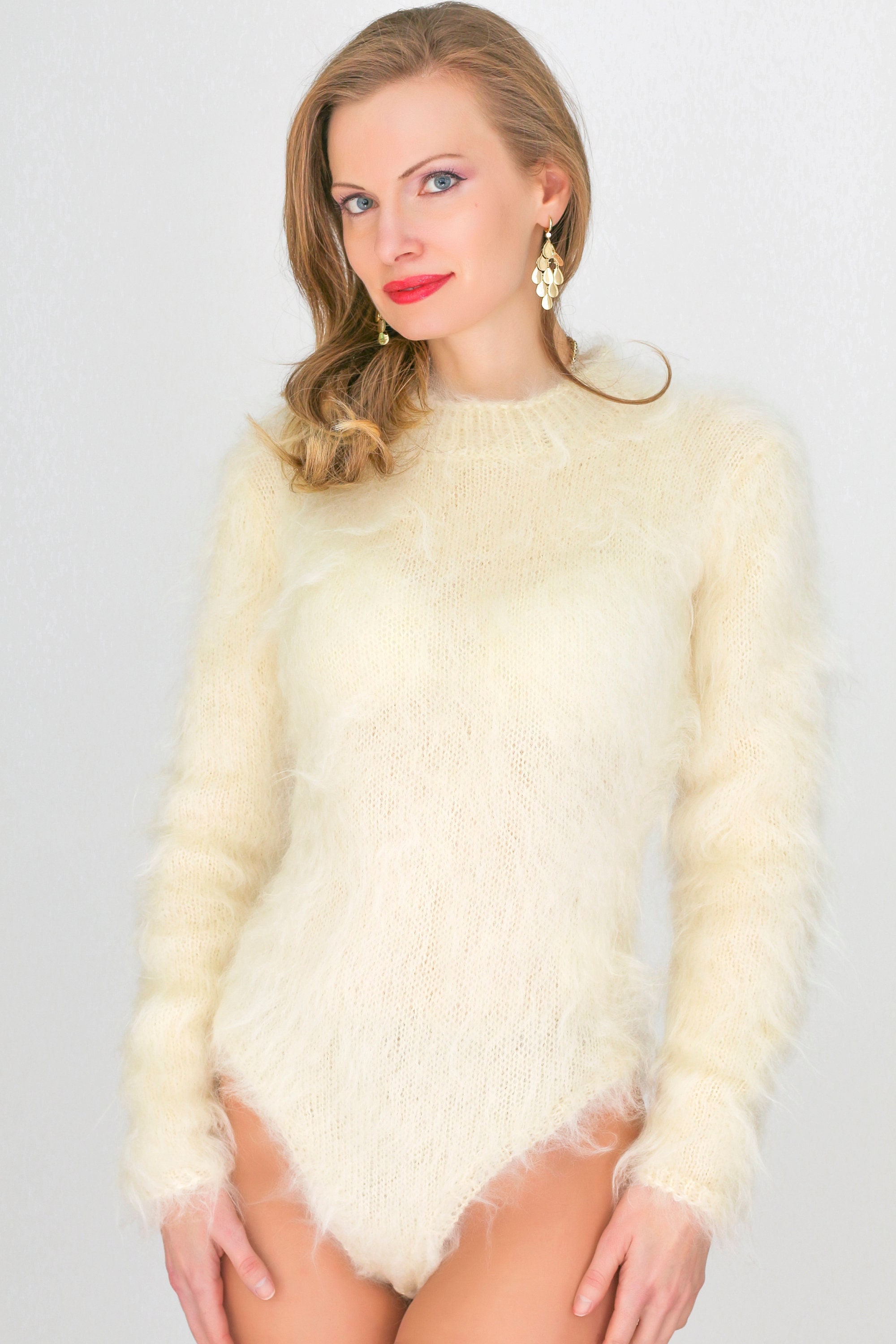 SuperTanya fuzzy mohair bodysuit ivory light fuzzy sweater - ready to ship - size XS / S