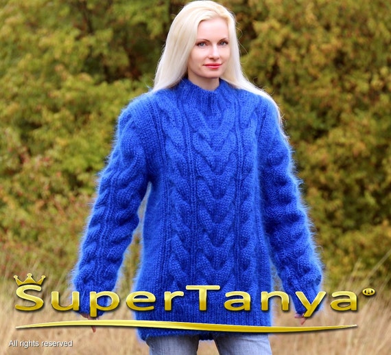 Made to order hand knitted mohair sweater in royal blue cable | Etsy