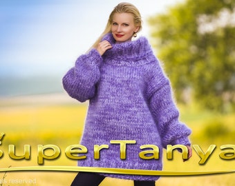 Custom made 10 Strands Mega thick and fuzzy hand knit mohair sweater, unisex handgestrickte pullover purple melange by SuperTanya
