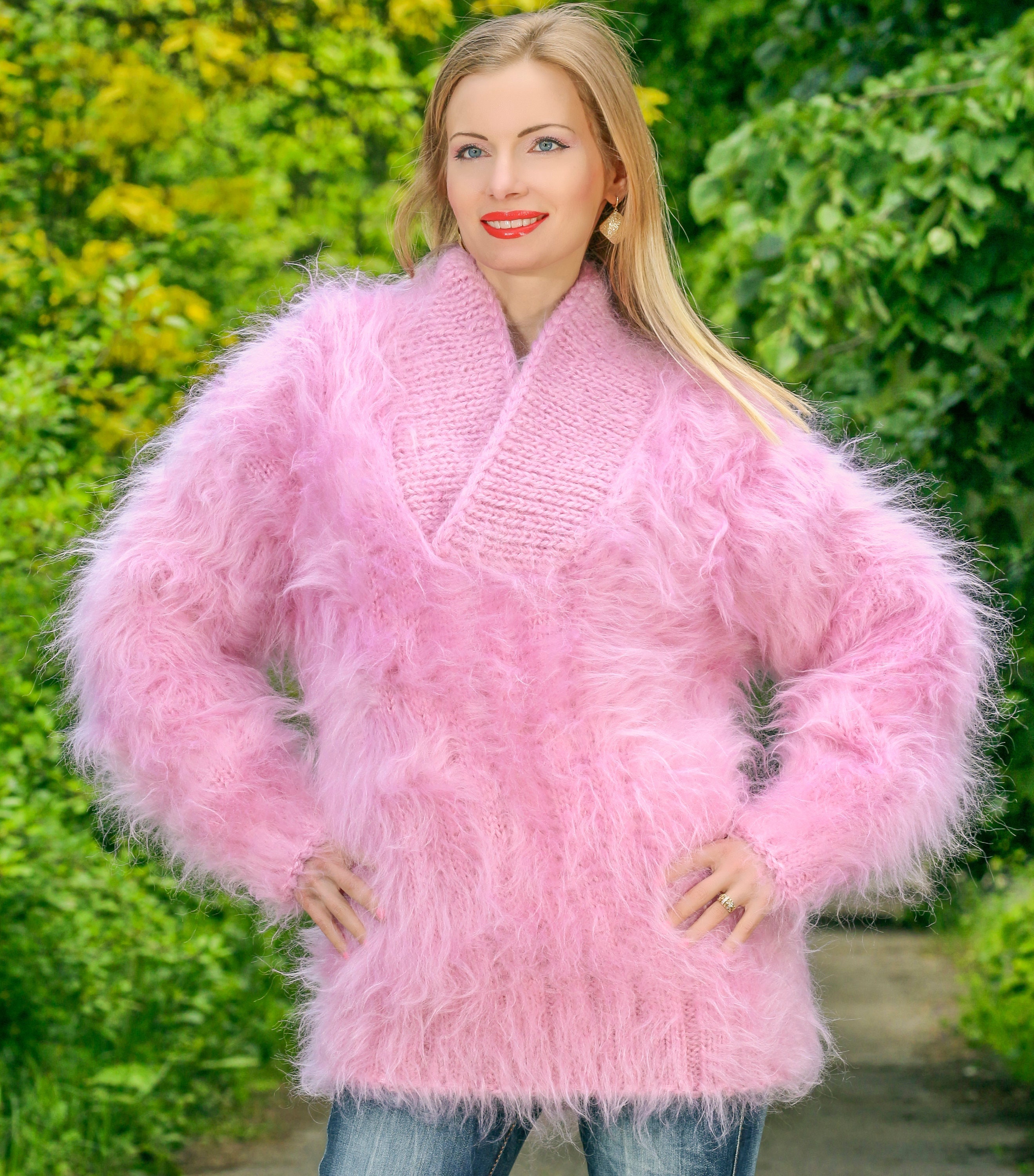 Supertanya Pink Mohair Sweater Hand Knitted Thick Pullover READY