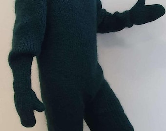 Groene mohair catsuit met bivakmuts fuzzy zwarte overall met sokken wanten pluizige bodysuit mohair zentai klaar voor verzending maat M-L
