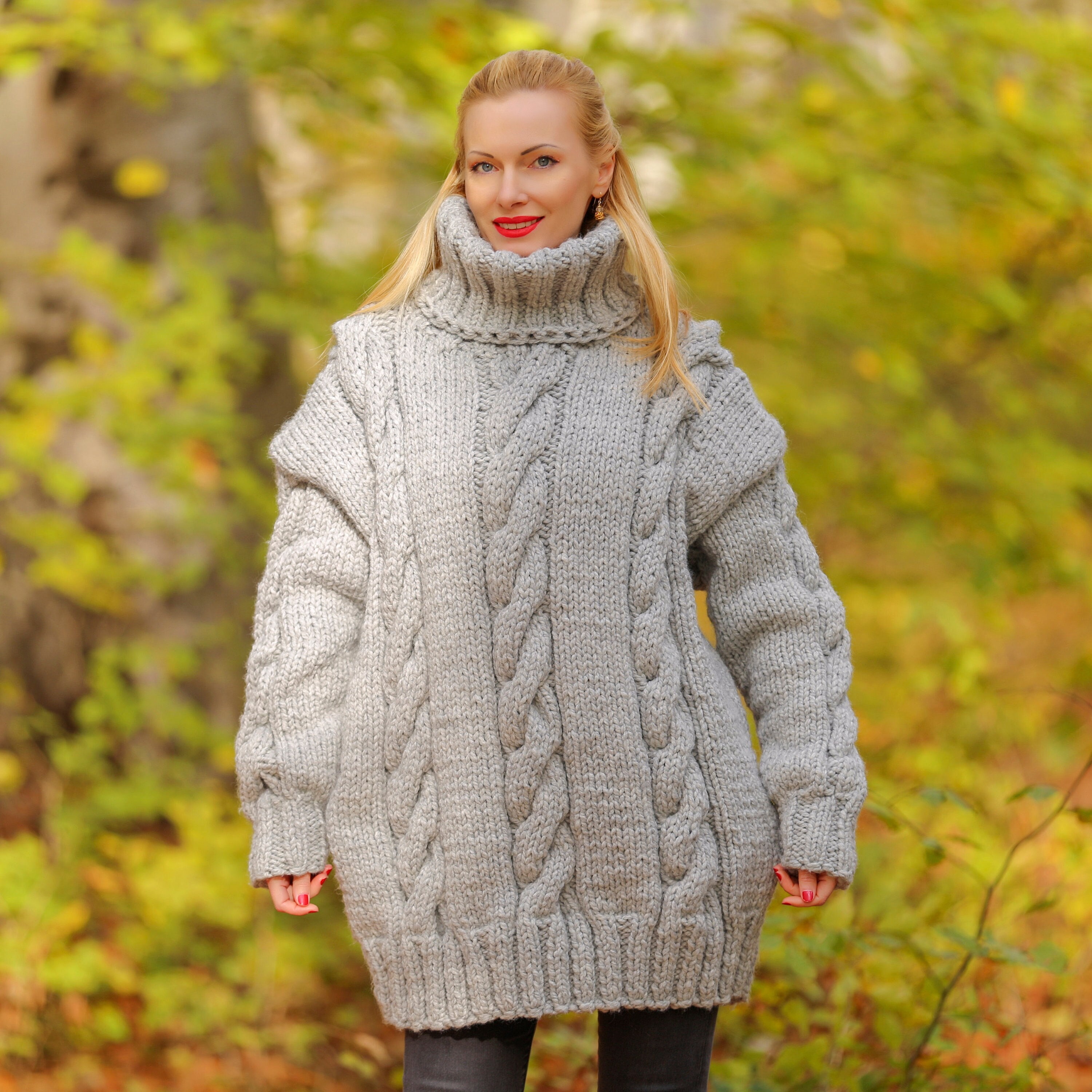 Thick Gray Wool Sweater With Cable Knit Pattern SUPERTANYA - Size