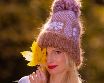 SuperTanyaノルディックスキーモヘア帽子手編みポンポンアイスランド