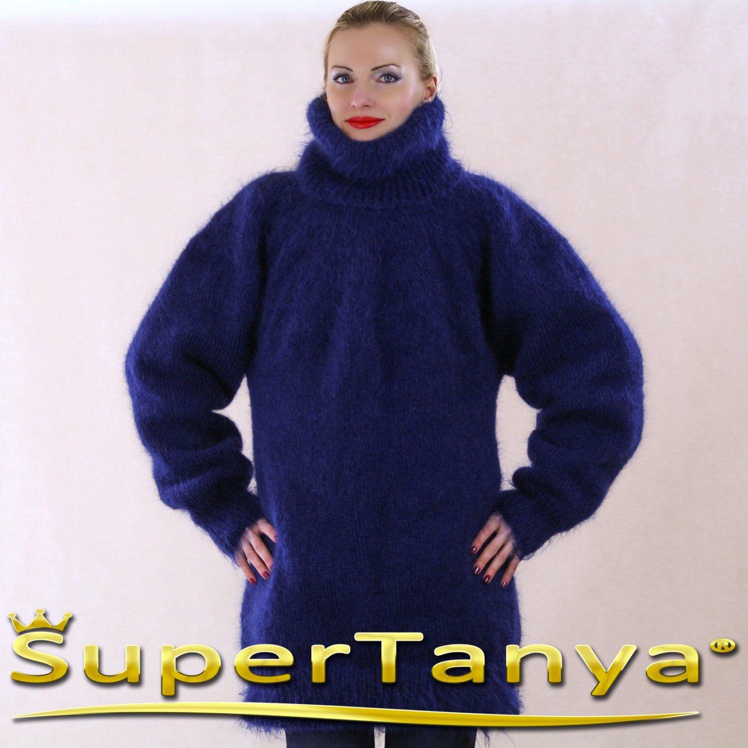 Made to Order Hand Knit Thick Mohair Sweater in Deep Blue